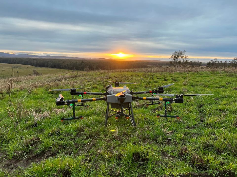Agricultural drone at sunset